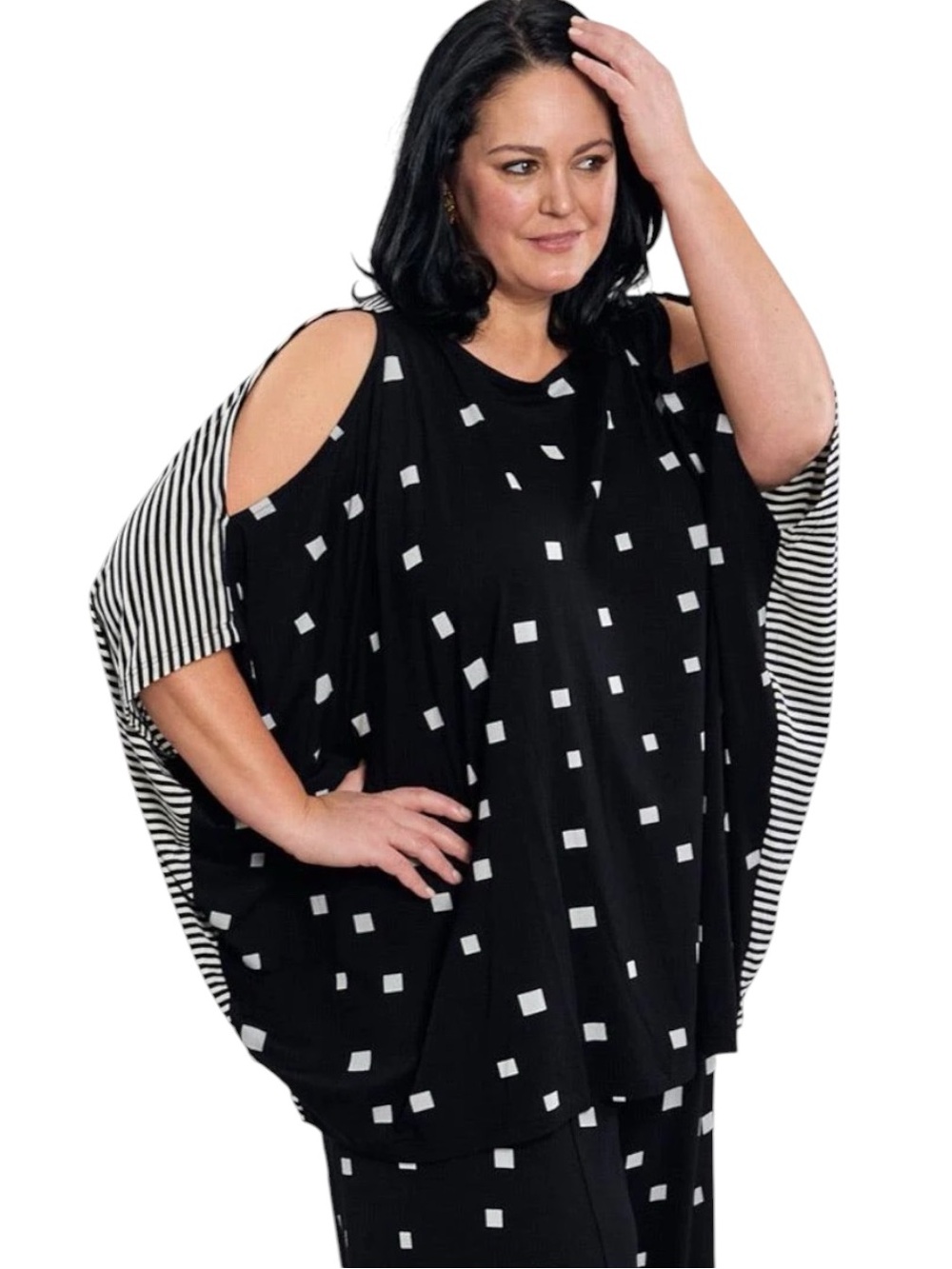 NWT Alembika Boxy Dolman Cutout Top Squares Stripe Black White 3X